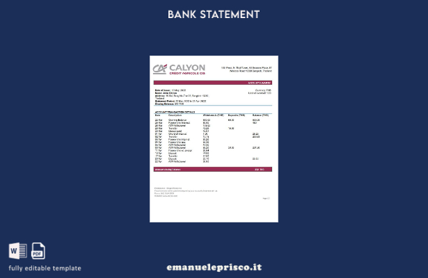 modello di parola di estratto conto bancario Tailandia Calyon stile verificato